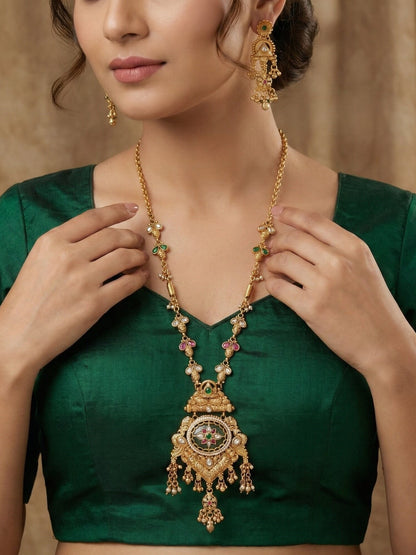 Ethnic Temple Style Gold-Plated Long Haram Necklace & Earring Set with Green & Red Stones