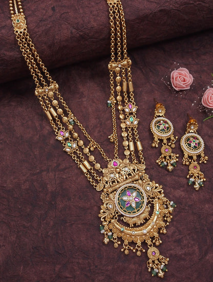 Women Heritage Rani Haar Long Necklace Set with Earrings – Antique Gold Plated