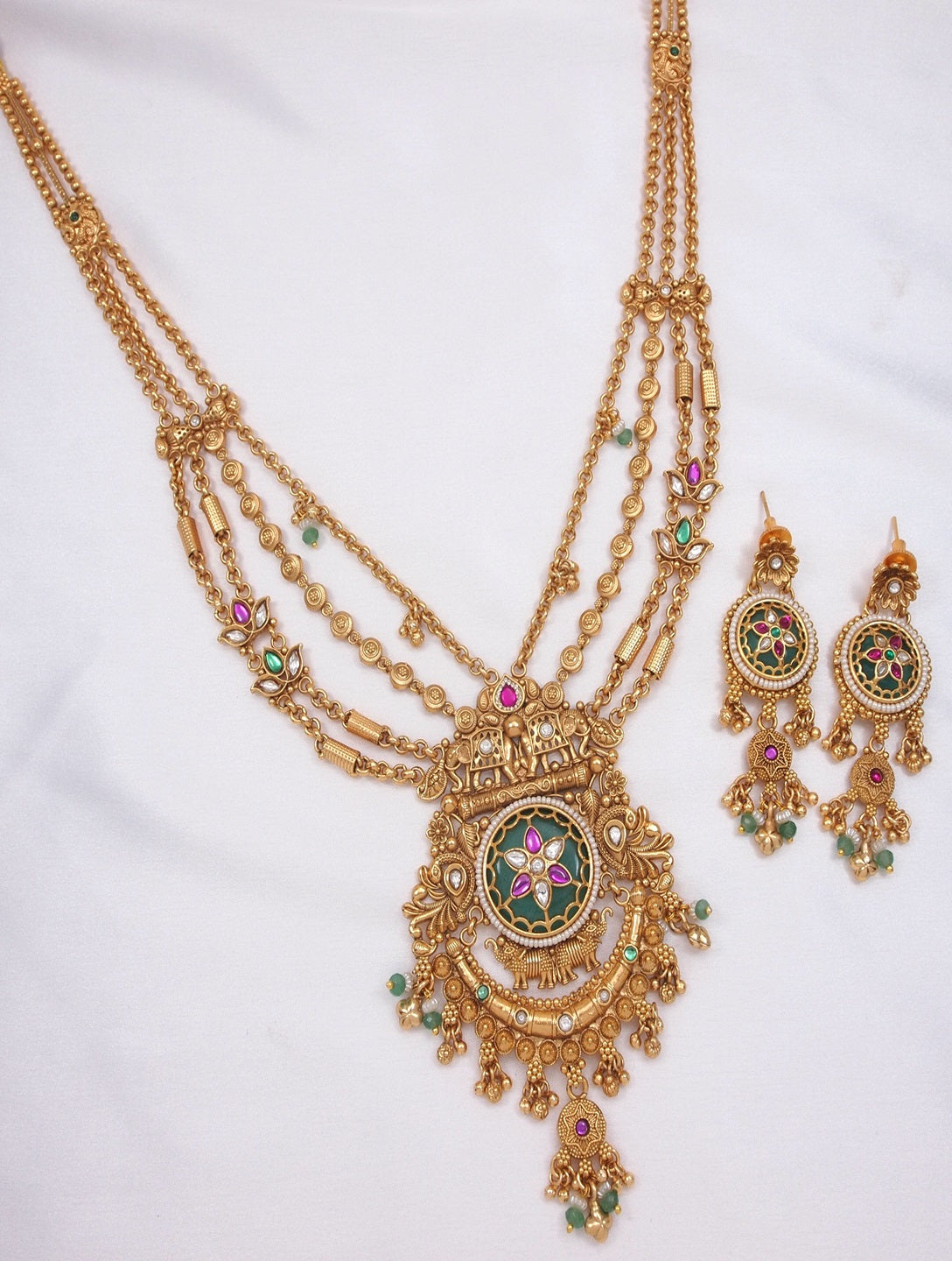 Women Heritage Rani Haar Long Necklace Set with Earrings – Antique Gold Plated