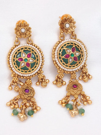 Women Heritage Rani Haar Long Necklace Set with Earrings – Antique Gold Plated