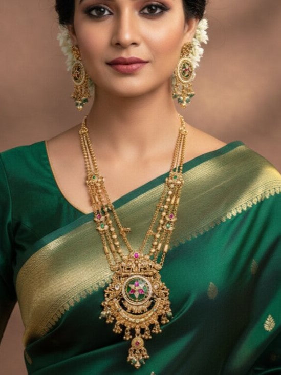 Women Heritage Rani Haar Long Necklace Set with Earrings – Antique Gold Plated
