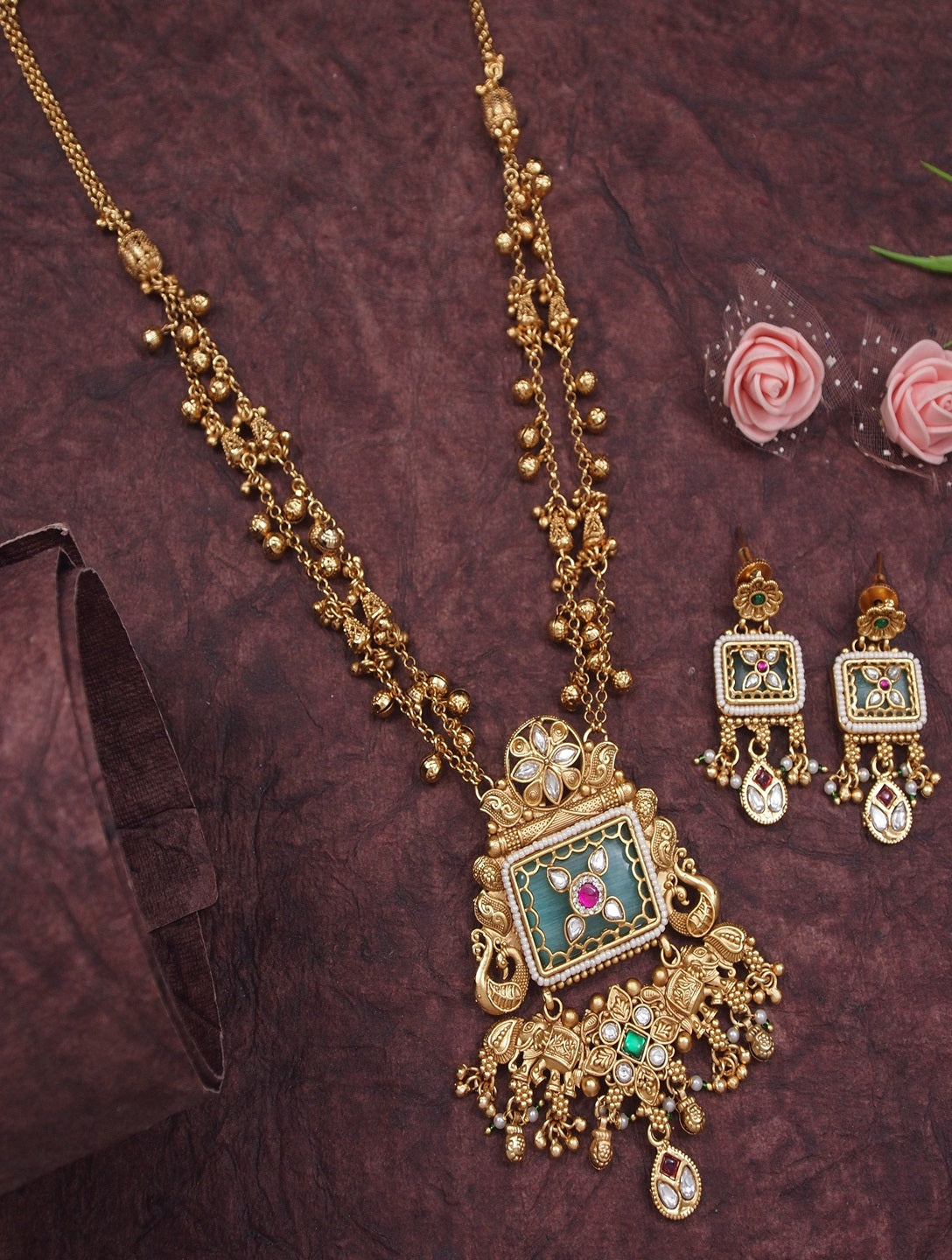 Women Antique Gold-Toned Heritage Long Haram with Drop Earrings