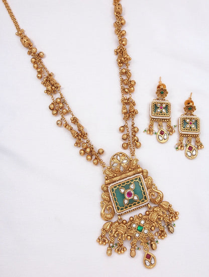 Women Antique Gold-Toned Heritage Long Haram with Drop Earrings