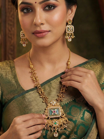 Women Antique Gold-Toned Heritage Long Haram with Drop Earrings