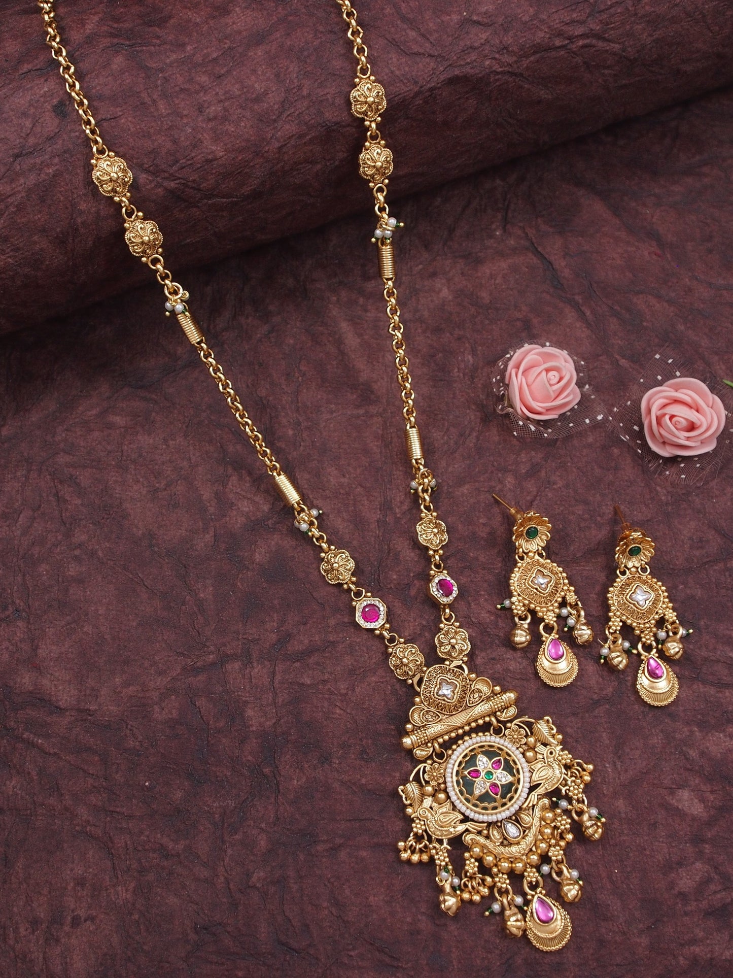 Women Antique Gold-Plated Heritage Temple Long Necklace Set with Earrings