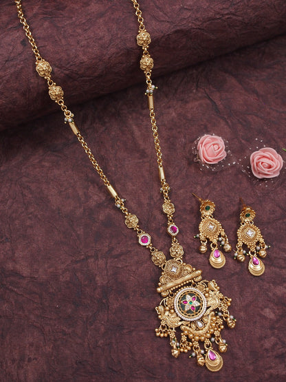 Women Antique Gold-Plated Heritage Temple Long Necklace Set with Earrings