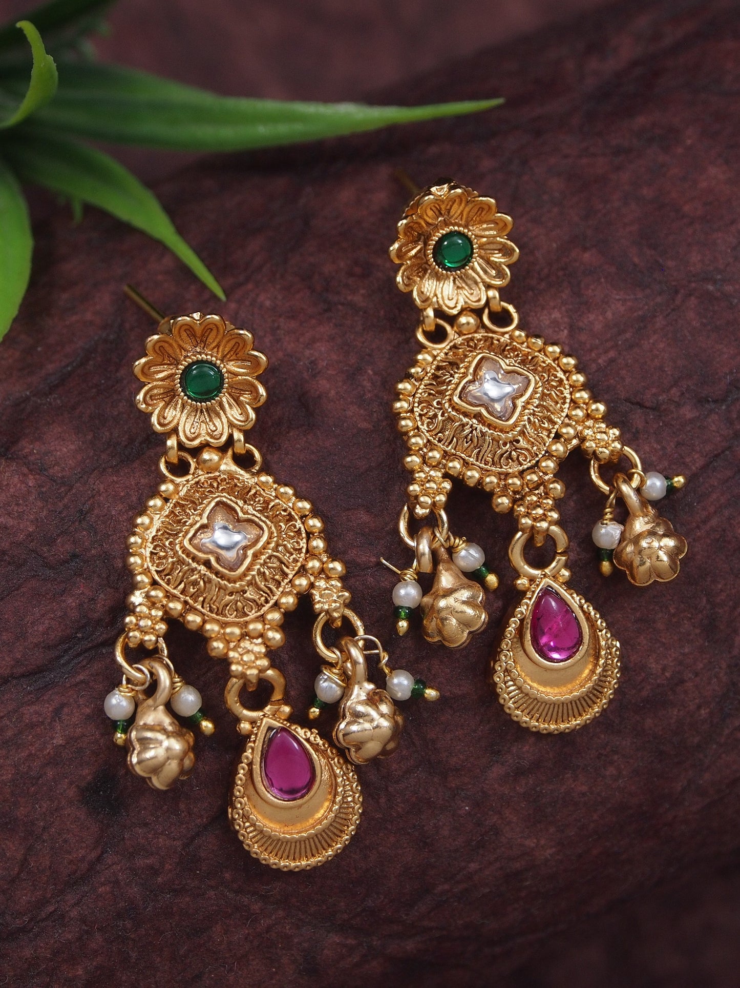 Women Antique Gold-Plated Heritage Temple Long Necklace Set with Earrings