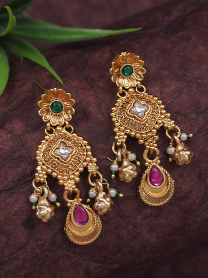 Women Antique Gold-Plated Heritage Temple Long Necklace Set with Earrings