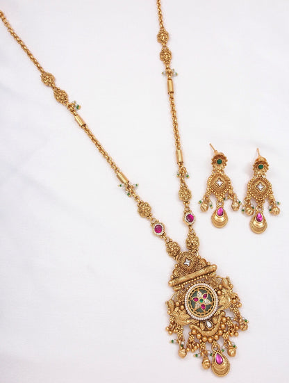 Women Antique Gold-Plated Heritage Temple Long Necklace Set with Earrings