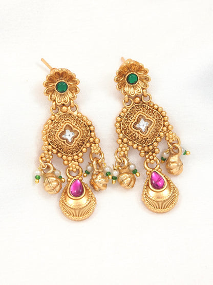 Women Antique Gold-Plated Heritage Temple Long Necklace Set with Earrings