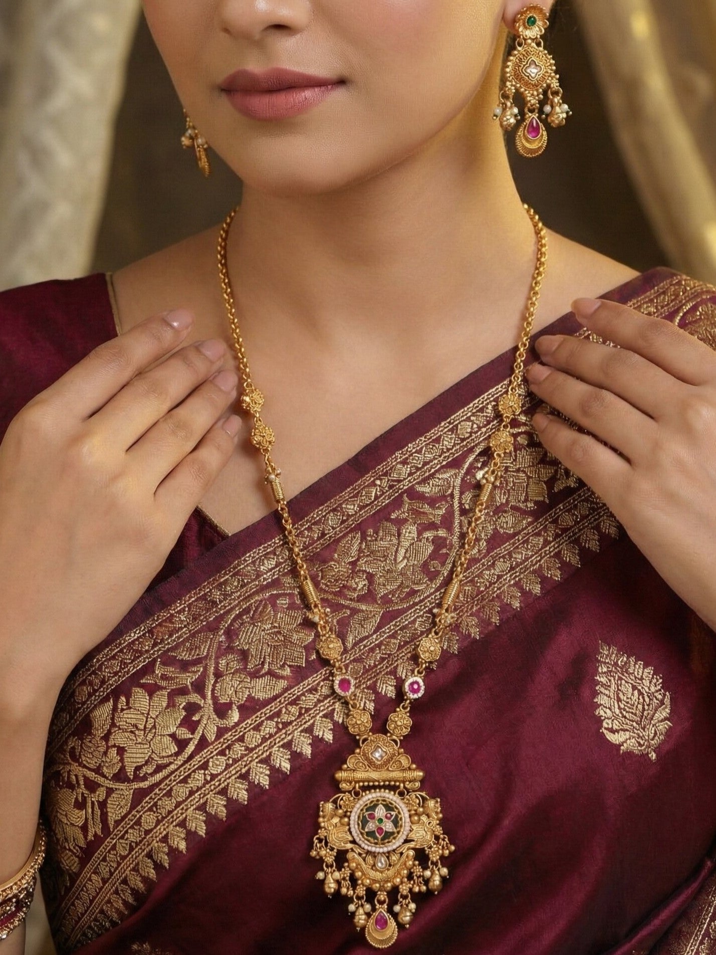 Women Antique Gold-Plated Heritage Temple Long Necklace Set with Earrings