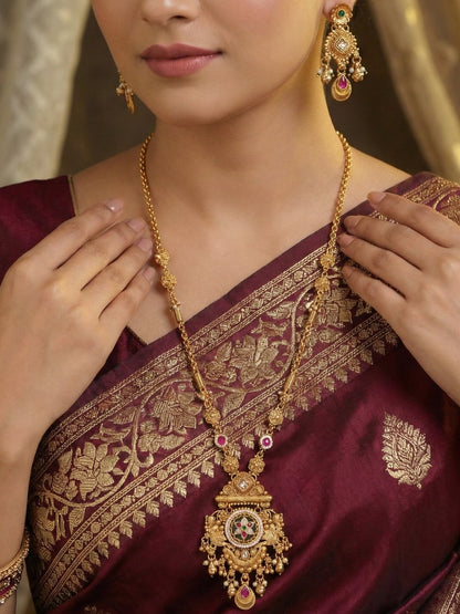 Women Antique Gold-Plated Heritage Temple Long Necklace Set with Earrings