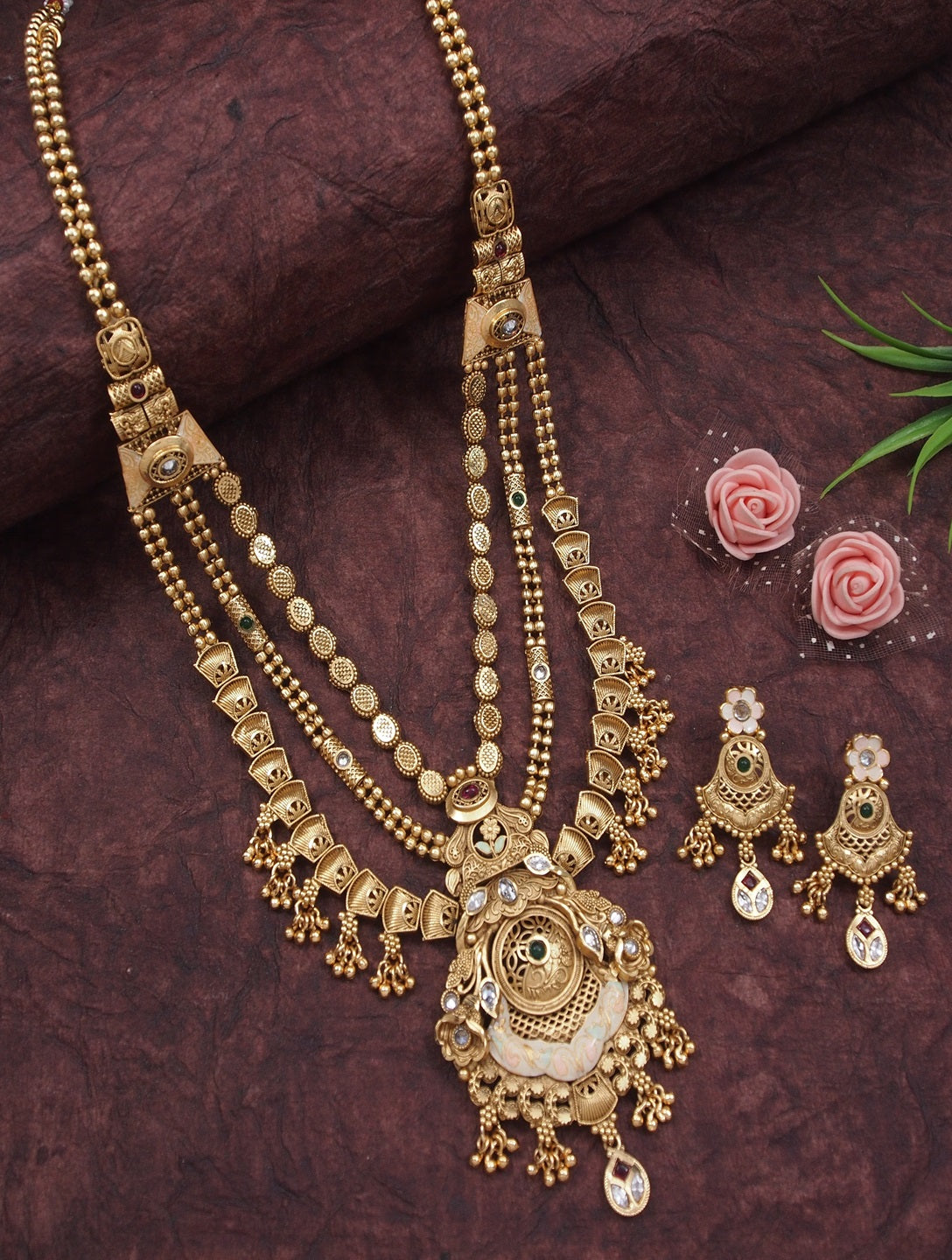 Orna Women Gold-Toned Antique Rani Haar Trend Long Temple Necklace Set