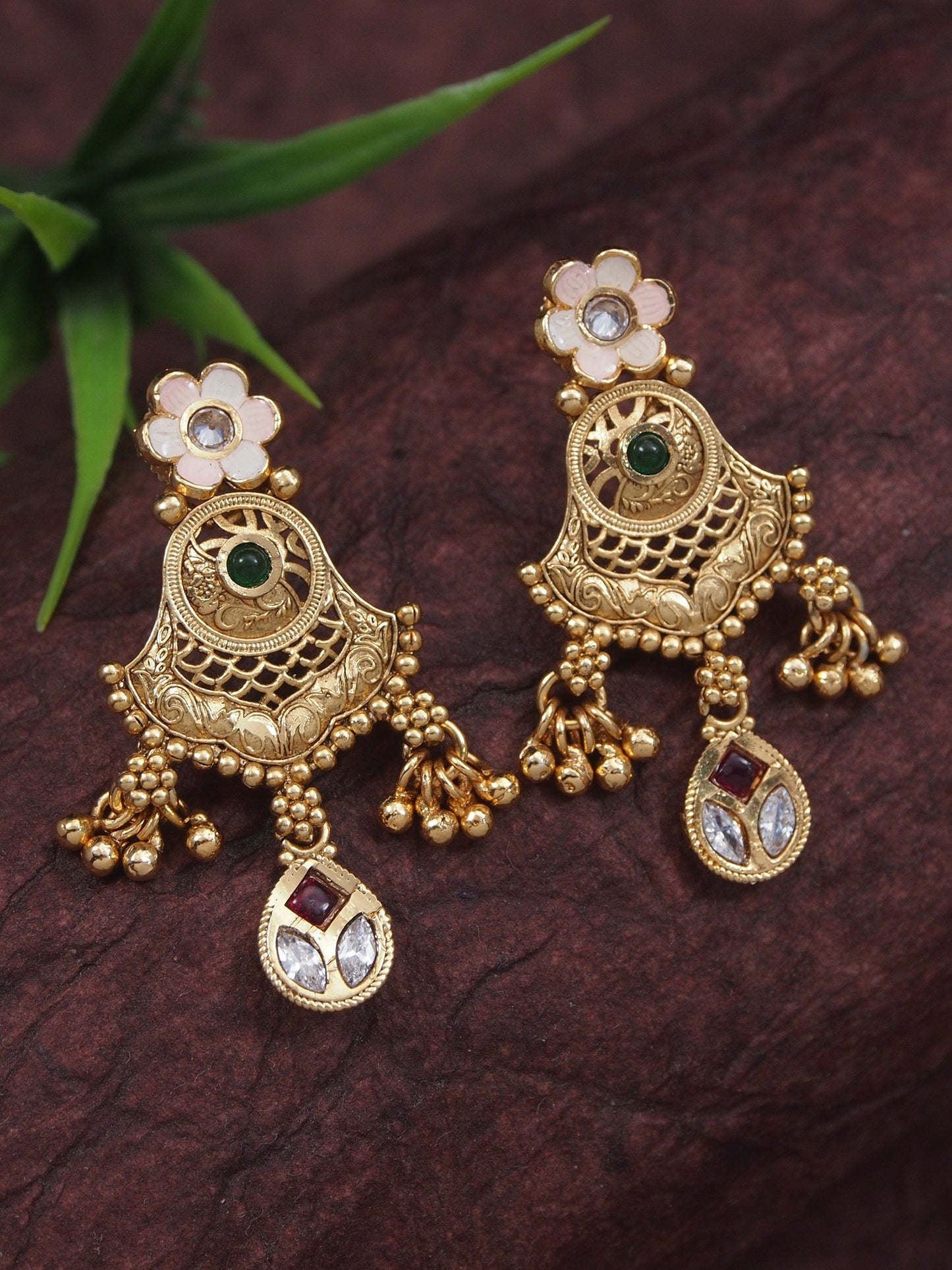 Orna Women Gold-Toned Antique Rani Haar Trend Long Temple Necklace Set