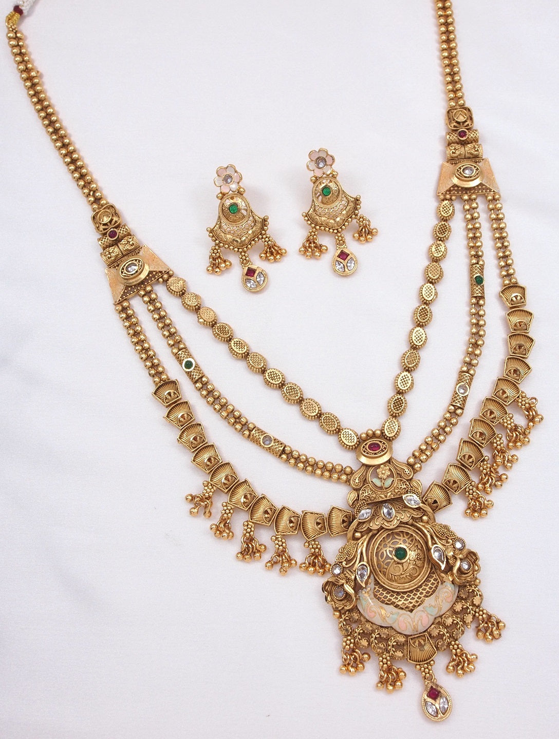 Orna Women Gold-Toned Antique Rani Haar Trend Long Temple Necklace Set