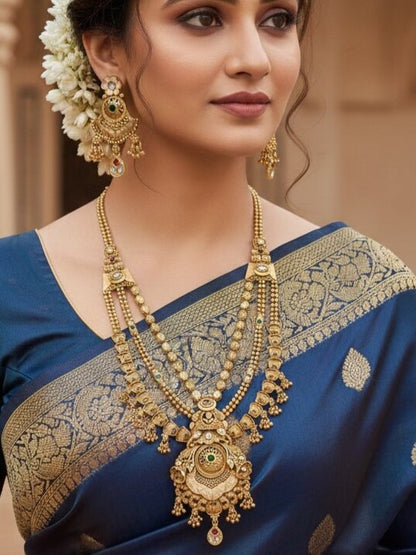 Orna Women Gold-Toned Antique Rani Haar Trend Long Temple Necklace Set