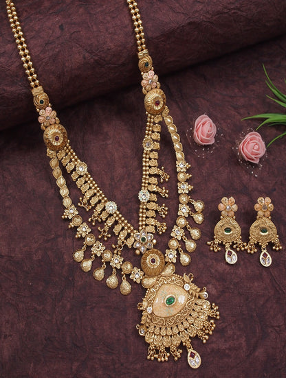 Gold-Toned Antique Rani Haar Trend Long Temple Necklace Set