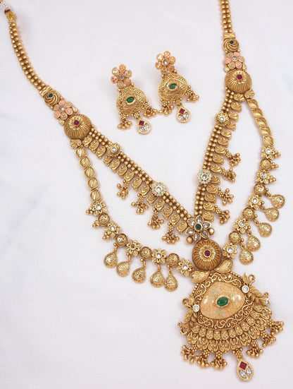 Gold-Toned Antique Rani Haar Trend Long Temple Necklace Set