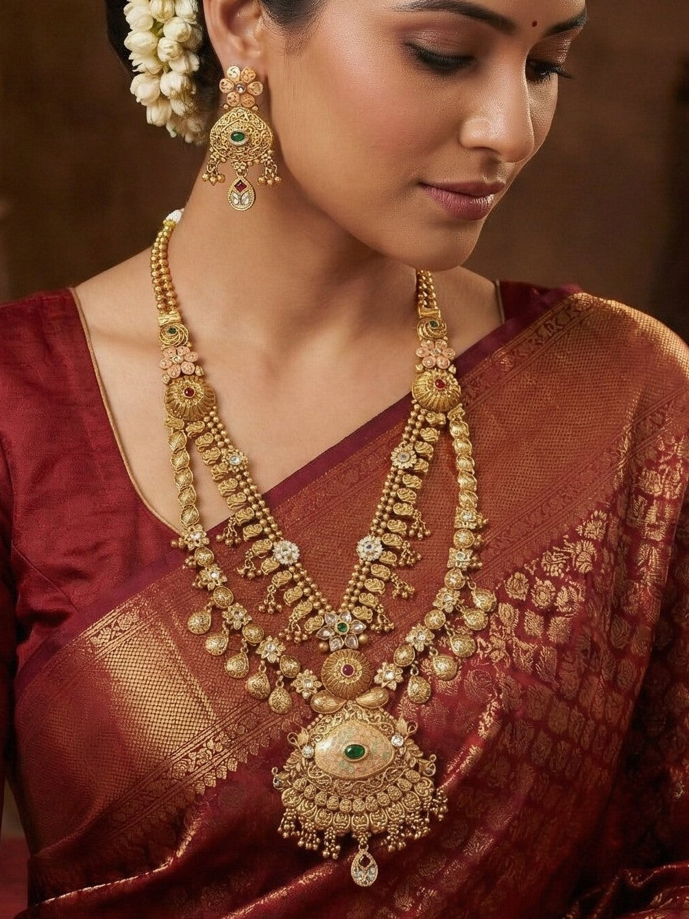 Gold-Toned Antique Rani Haar Trend Long Temple Necklace Set