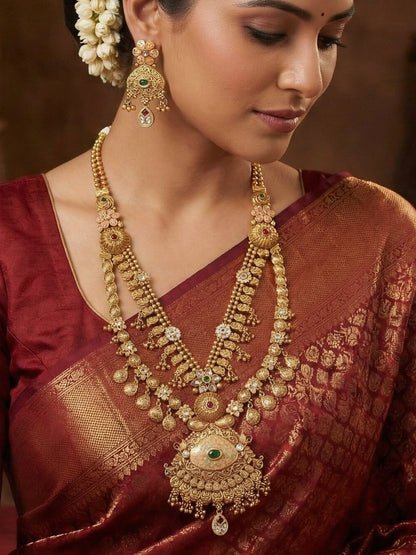Gold-Toned Antique Rani Haar Trend Long Temple Necklace Set
