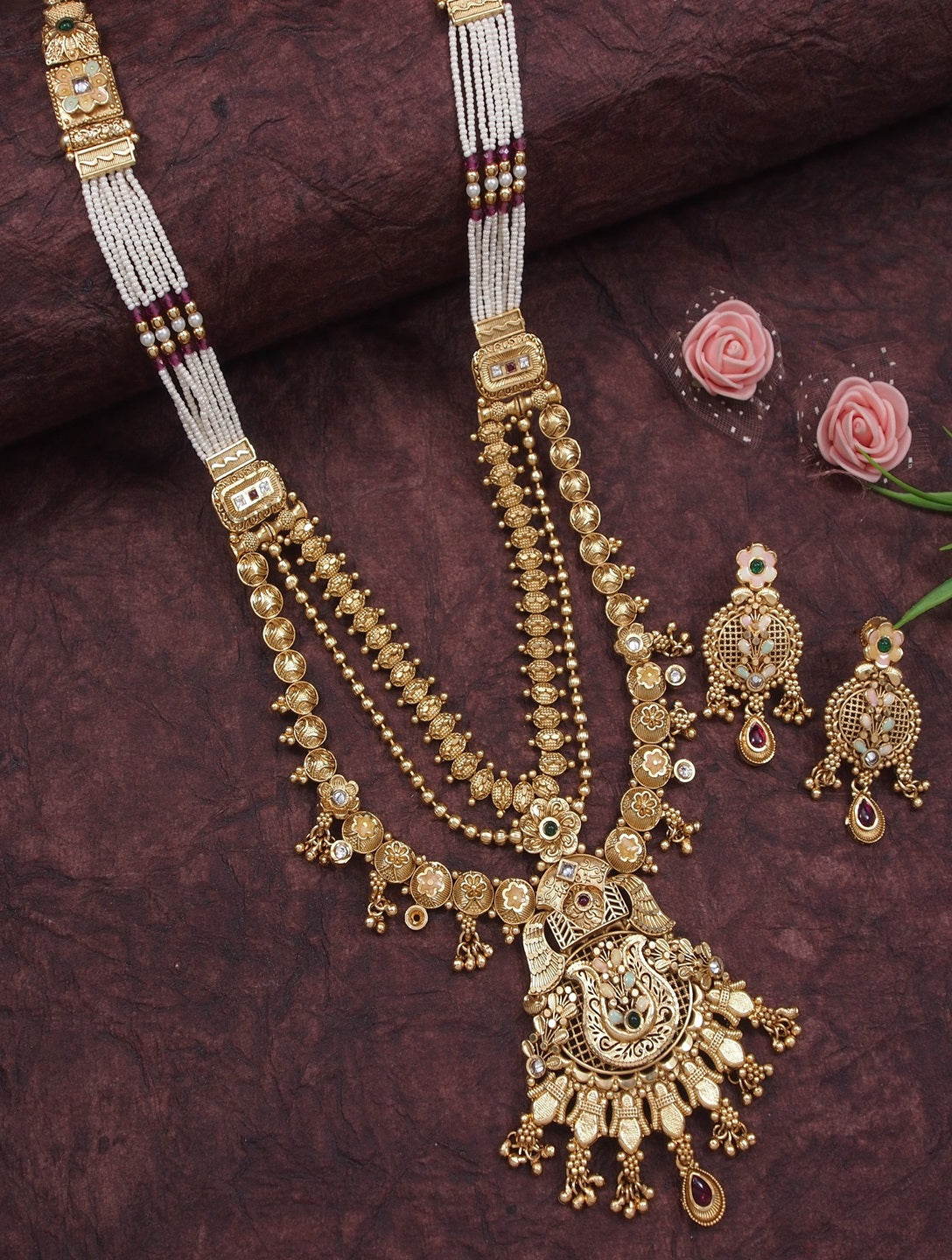Traditional Gold-Toned Antique Rani Haar Trend Long Temple Necklace Set