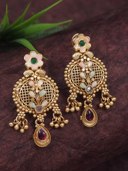 Traditional Gold-Toned Antique Rani Haar Trend Long Temple Necklace Set