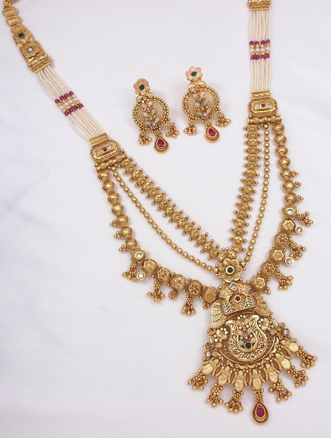 Traditional Gold-Toned Antique Rani Haar Trend Long Temple Necklace Set