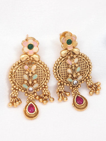 Traditional Gold-Toned Antique Rani Haar Trend Long Temple Necklace Set