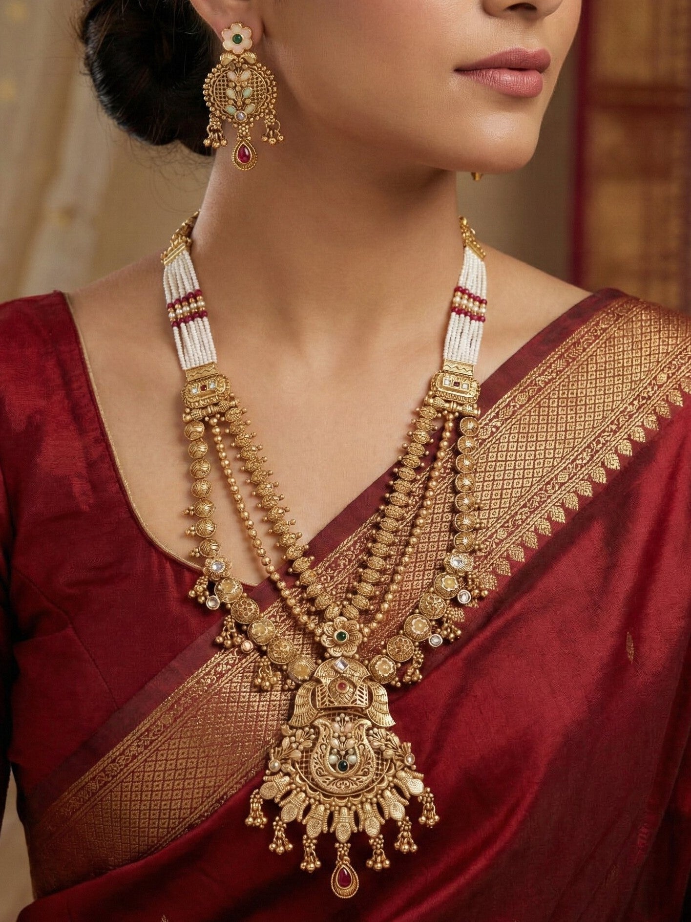 Traditional Gold-Toned Antique Rani Haar Trend Long Temple Necklace Set