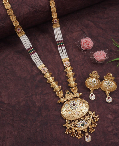 Women Gold-Plated Pearl-Beaded Kundan & Meenakari Long Necklace Set