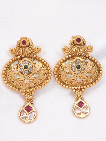 Women Gold-Plated Pearl-Beaded Kundan & Meenakari Long Necklace Set