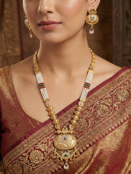 Women Gold-Plated Pearl-Beaded Kundan & Meenakari Long Necklace Set