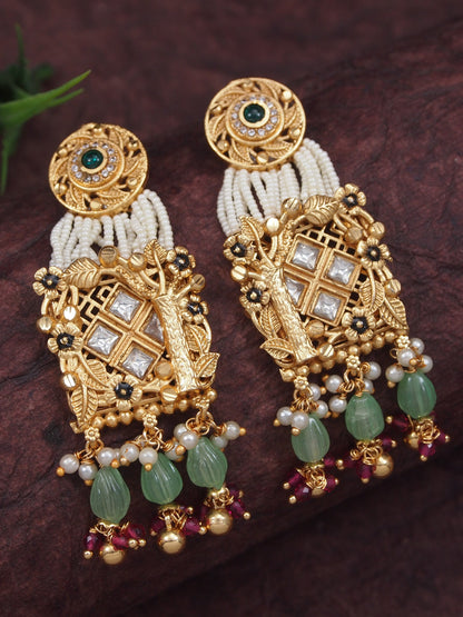 Gold-Toned Kundan & Pearl-Beaded Peacock Motif Square Pendant Traditional Ranihaar Necklace Set
