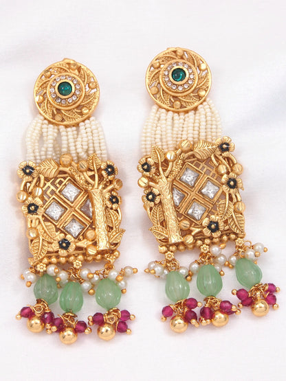 Gold-Toned Kundan & Pearl-Beaded Peacock Motif Square Pendant Traditional Ranihaar Necklace Set