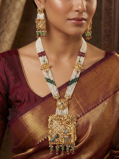 Gold-Toned Kundan & Pearl-Beaded Peacock Motif Square Pendant Traditional Ranihaar Necklace Set
