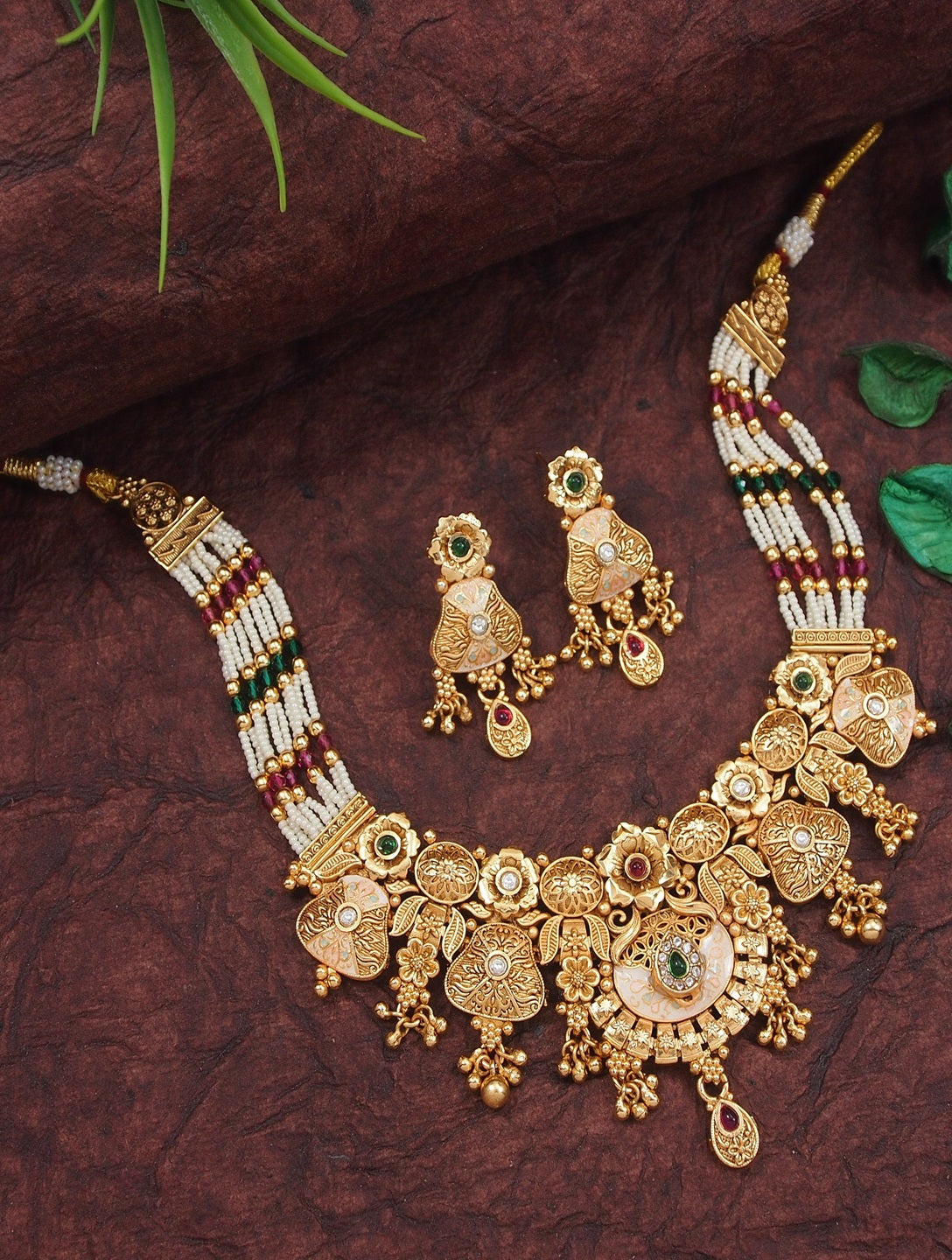 Gold-Plated Antique Finish Pearl & Meenakari Choker Necklace Set with Earrings for Women