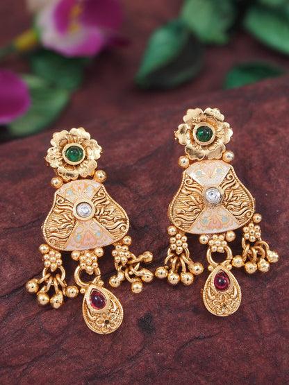 Gold-Plated Antique Finish Pearl & Meenakari Choker Necklace Set with Earrings for Women