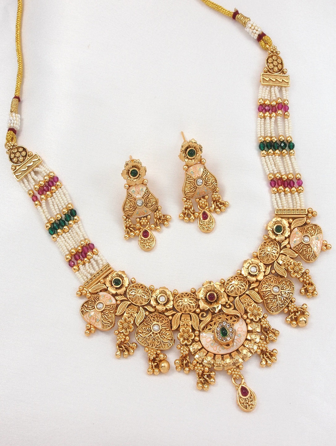 Gold-Plated Antique Finish Pearl & Meenakari Choker Necklace Set with Earrings for Women