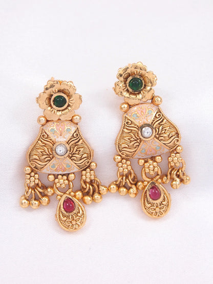 Gold-Plated Antique Finish Pearl & Meenakari Choker Necklace Set with Earrings for Women