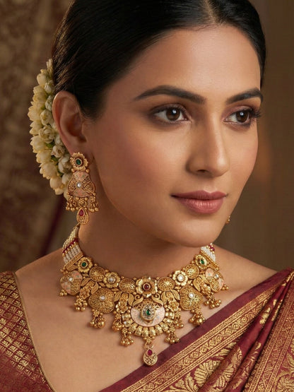 Gold-Plated Antique Finish Pearl & Meenakari Choker Necklace Set with Earrings for Women