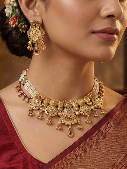 Women Antique Gold-Plated Pearl-Beaded Traditional Choker Jewellery Set