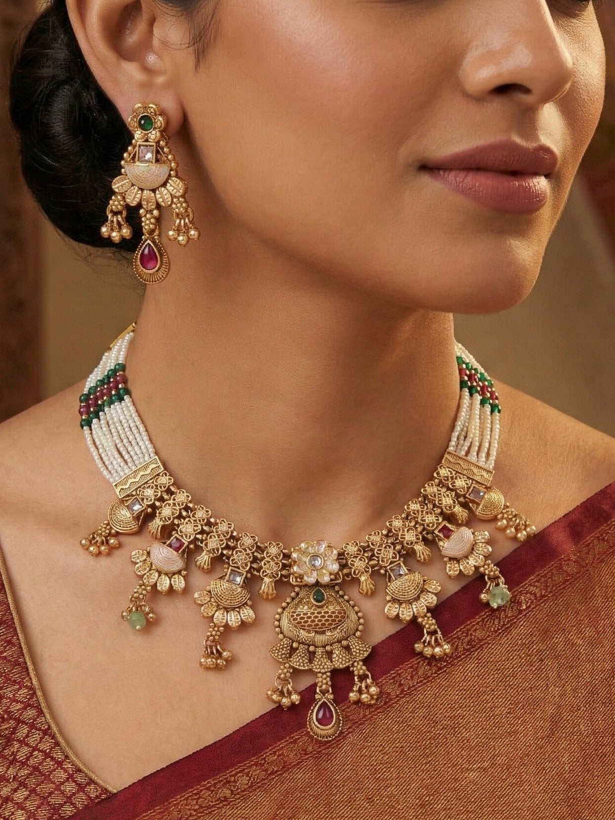 Women Gold-Toned Multi-Strand Pearl Beaded Necklace & Earrings Set