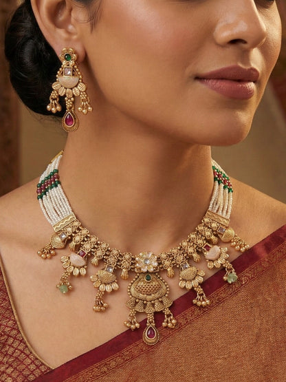 Women Gold-Toned Multi-Strand Pearl Beaded Necklace & Earrings Set