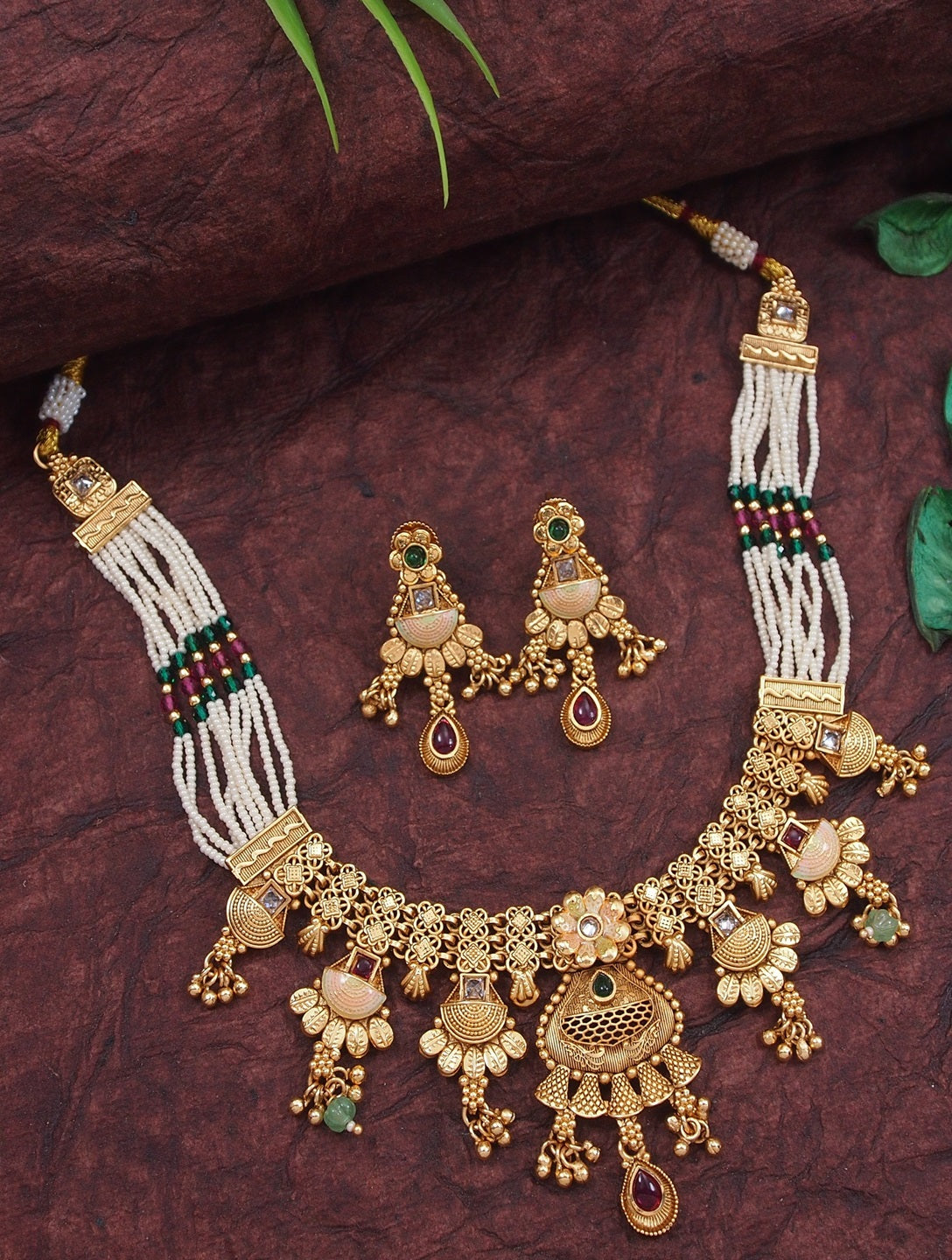 Women Gold-Toned Multi-Strand Pearl Beaded Necklace & Earrings Set