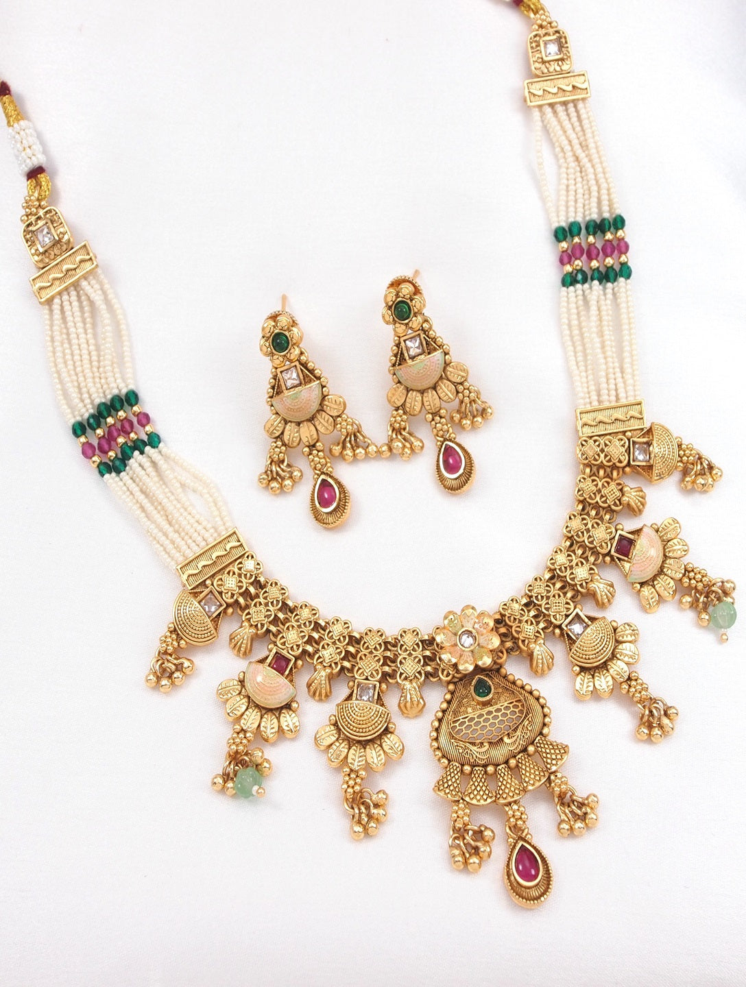 Women Gold-Toned Multi-Strand Pearl Beaded Necklace & Earrings Set