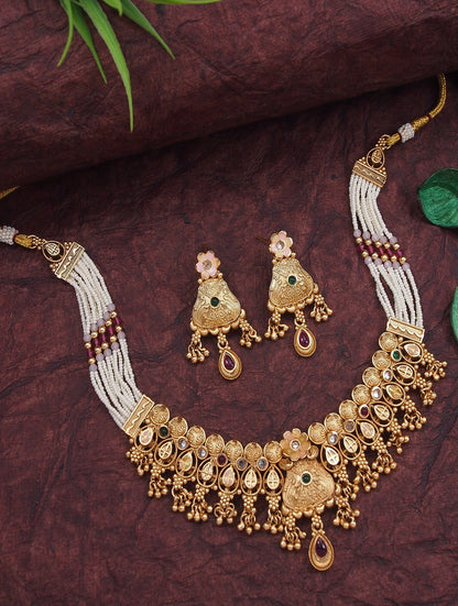 Gold-plated Plated Brass Traditional Kundan and Pearl Choker Necklace Set for Women