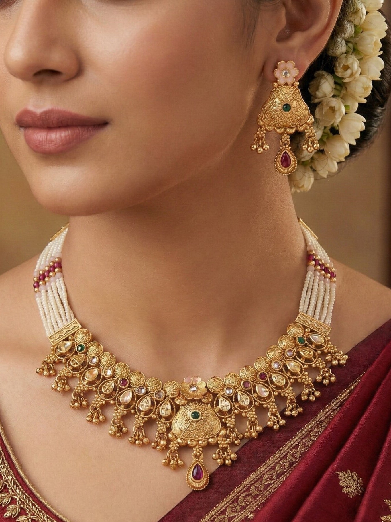 Gold-plated Plated Brass Traditional Kundan and Pearl Choker Necklace Set for Women