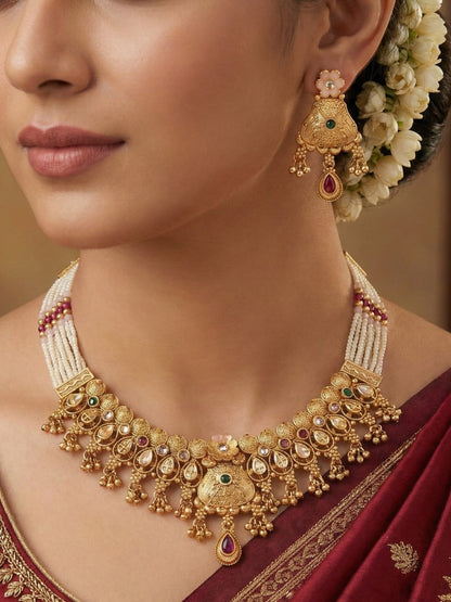 Gold-plated Plated Brass Traditional Kundan and Pearl Choker Necklace Set for Women