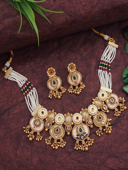 Traditional Antique Gold-Plated Pearl Choker Jewellery Set for Women