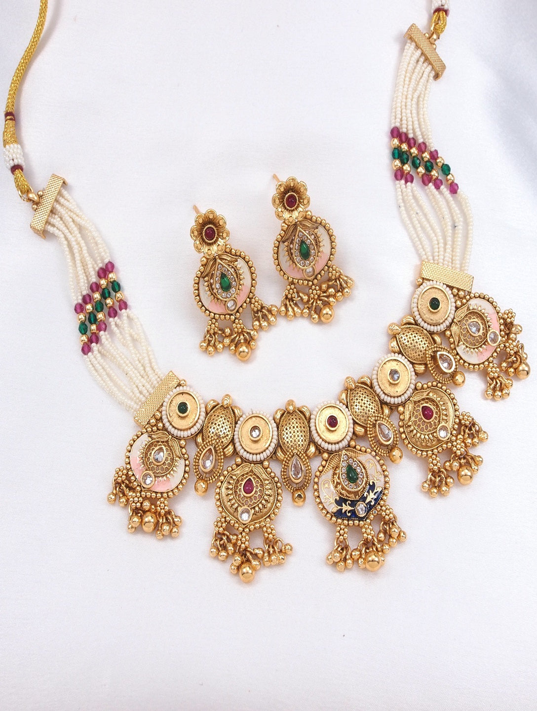 Traditional Antique Gold-Plated Pearl Choker Jewellery Set for Women